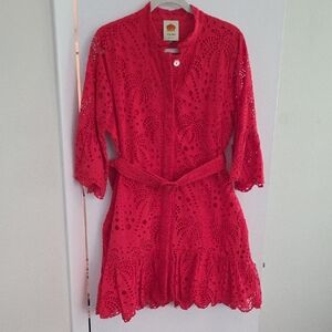 FARM Rio Red Eyelet Lace Belted Dress